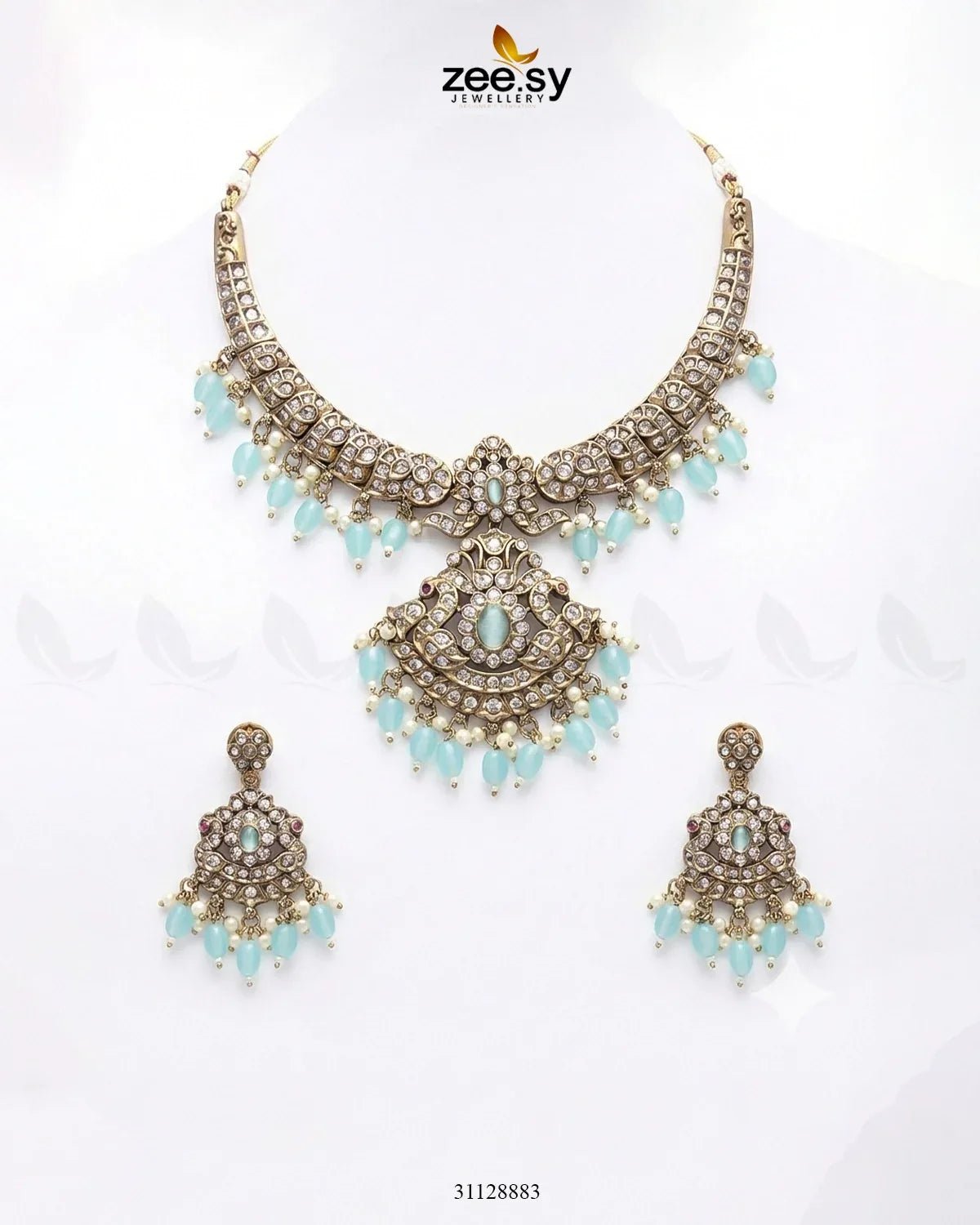 Victorian Faux Pearl Necklace Set Golden Feroza Necklace Sets - Zeesy Jewellery Pakistan | Premium Artificial & Imitation Jewellery