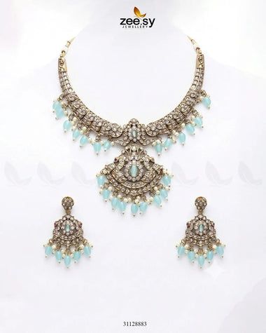 Victorian Faux Pearl Necklace Set Golden Feroza Necklace Sets - Zeesy Jewellery Pakistan | Premium Artificial & Imitation Jewellery