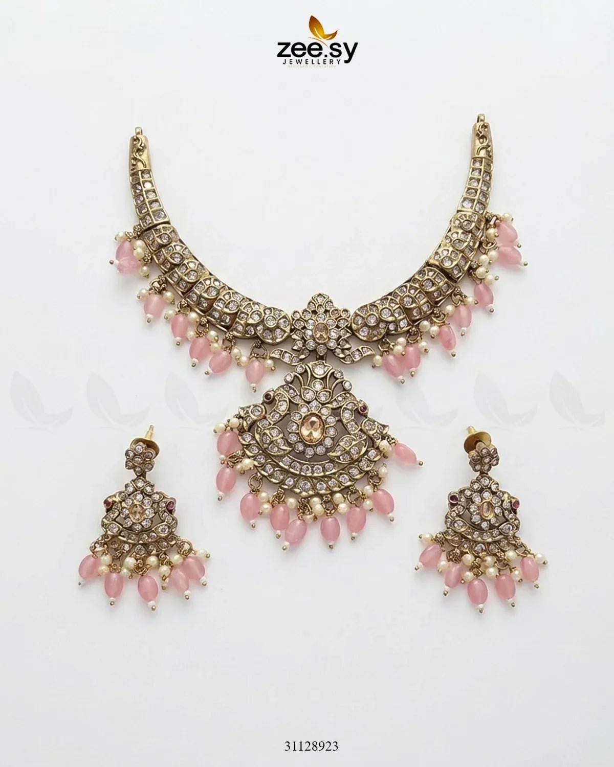 Victorian Faux Pearl Necklace Set Golden Mint Pink Necklace Sets - Zeesy Jewellery Pakistan | Premium Artificial & Imitation Jewellery