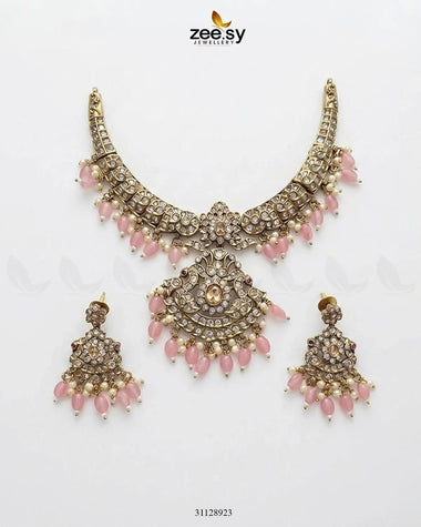 Victorian Faux Pearl Necklace Set Golden Mint Pink Necklace Sets - Zeesy Jewellery Pakistan | Premium Artificial & Imitation Jewellery