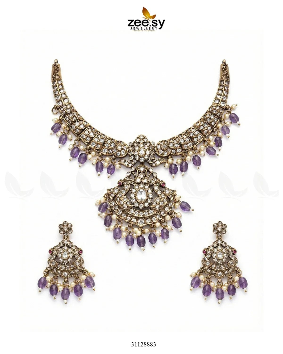 Victorian Faux Pearl Necklace Set Golden Purple Necklace Sets - Zeesy Jewellery Pakistan | Premium Artificial & Imitation Jewellery
