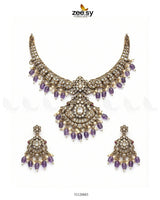 Victorian Faux Pearl Necklace Set Golden Purple Necklace Sets - Zeesy Jewellery Pakistan | Premium Artificial & Imitation Jewellery