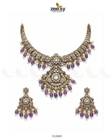 Victorian Faux Pearl Necklace Set Golden Purple Necklace Sets - Zeesy Jewellery Pakistan | Premium Artificial & Imitation Jewellery