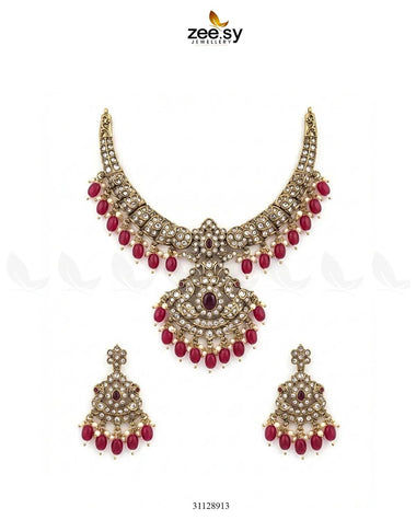 Victorian Faux Pearl Necklace Set Golden Ruby Necklace Sets - Zeesy Jewellery Pakistan | Premium Artificial & Imitation Jewellery