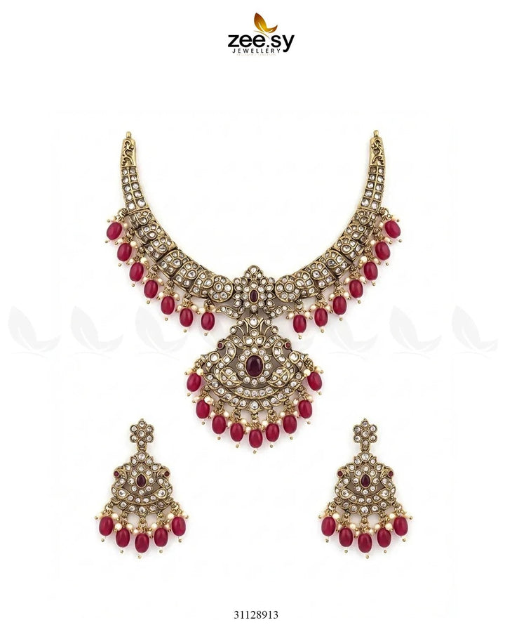 Victorian Faux Pearl Necklace Set Golden Ruby Necklace Sets - Zeesy Jewellery Pakistan | Premium Artificial & Imitation Jewellery