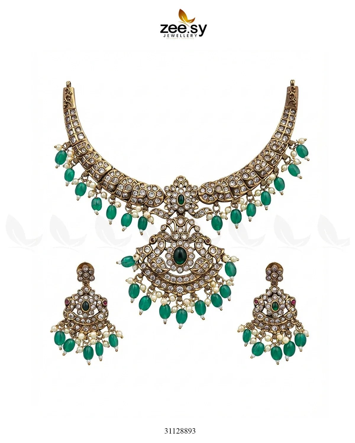 Victorian Faux Pearl Necklace Set Golden Green Necklace Sets - Zeesy Jewellery Pakistan | Premium Artificial & Imitation Jewellery