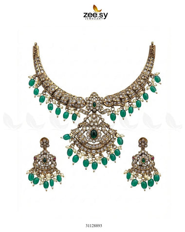 Victorian Faux Pearl Necklace Set Golden Green Necklace Sets - Zeesy Jewellery Pakistan | Premium Artificial & Imitation Jewellery
