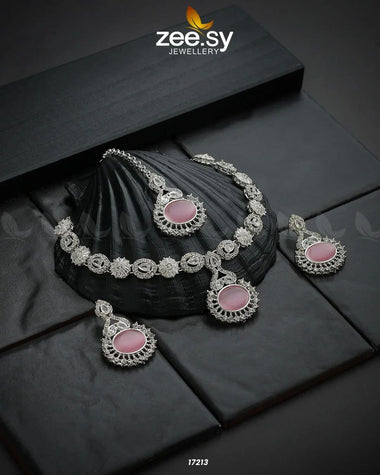 Zirconic Starburst Necklace Silver Pink Necklace Sets - Zeesy Jewellery Pakistan | Premium Artificial & Imitation Jewellery