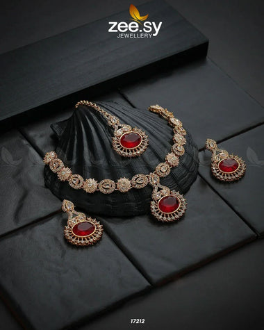 Zirconic Starburst Necklace Golden Red Necklace Sets - Zeesy Jewellery Pakistan | Premium Artificial & Imitation Jewellery