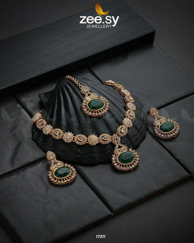 Zirconic Starburst Necklace Golden Green Necklace Sets - Zeesy Jewellery Pakistan | Premium Artificial & Imitation Jewellery