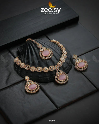 Zirconic Starburst Necklace Golden Mint Pink Necklace Sets - Zeesy Jewellery Pakistan | Premium Artificial & Imitation Jewellery