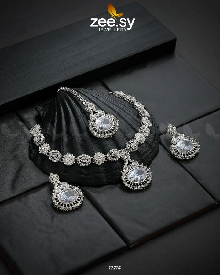 Zirconic Starburst Necklace Silver White Necklace Sets - Zeesy Jewellery Pakistan | Premium Artificial & Imitation Jewellery