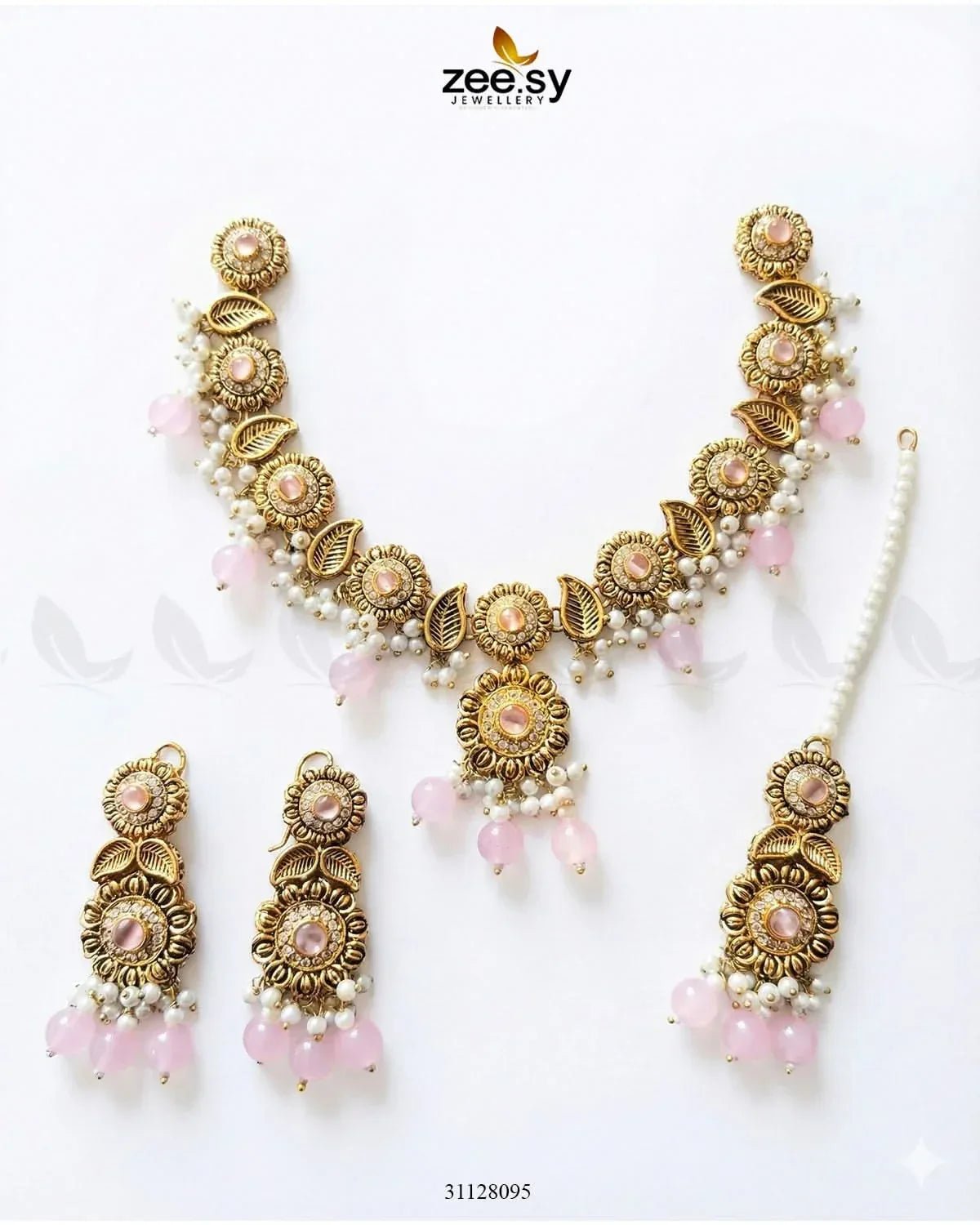 Sapphire Glow Leaf Necklace Set Golden Mint Pink Necklace Sets - Zeesy Jewellery Pakistan | Premium Artificial & Imitation Jewellery
