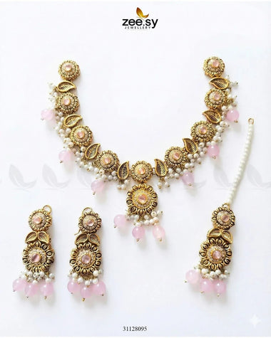 Sapphire Glow Leaf Necklace Set Golden Mint Pink Necklace Sets - Zeesy Jewellery Pakistan | Premium Artificial & Imitation Jewellery