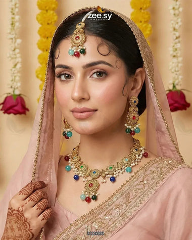 Sapphire Glow Leaf Necklace Set Golden Multi Necklace Sets - Zeesy Jewellery Pakistan | Premium Artificial & Imitation Jewellery