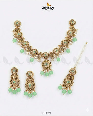 Sapphire Glow Leaf Necklace Set Golden Mint Green Necklace Sets - Zeesy Jewellery Pakistan | Premium Artificial & Imitation Jewellery