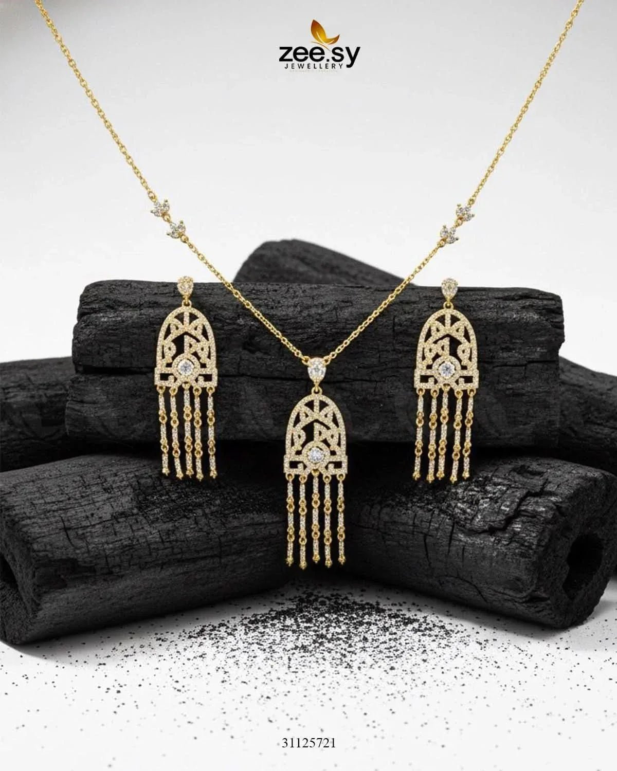 Precious Crystal Eternal Necklace Set Golden Necklace Sets - Zeesy Jewellery Pakistan | Premium Artificial & Imitation Jewellery