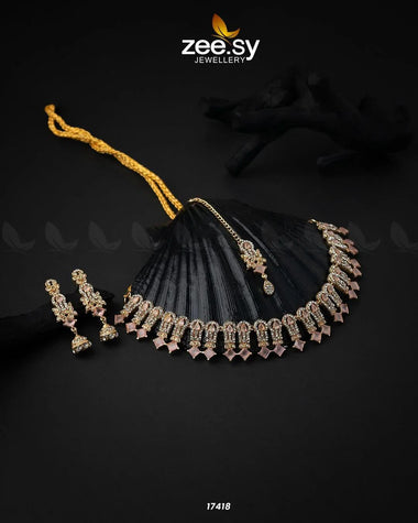Classic Zircon Necklace Golden Pink Necklace Sets - Zeesy Jewellery Pakistan | Premium Artificial & Imitation Jewellery