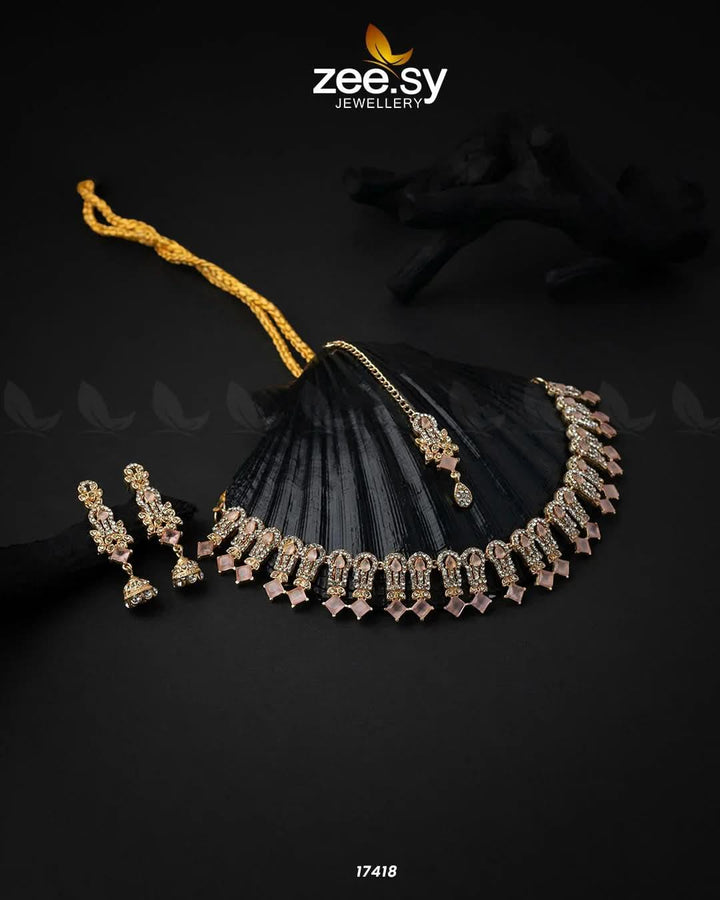 Classic Zircon Necklace Golden Pink Necklace Sets - Zeesy Jewellery Pakistan | Premium Artificial & Imitation Jewellery