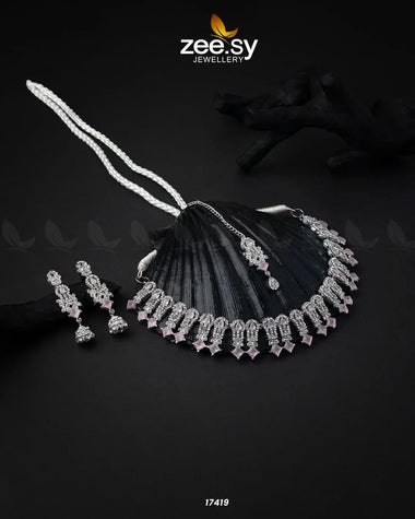 Classic Zircon Necklace Silver Pink Necklace Sets - Zeesy Jewellery Pakistan | Premium Artificial & Imitation Jewellery
