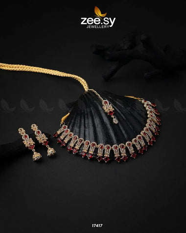 Classic Zircon Necklace Golden Red Necklace Sets - Zeesy Jewellery Pakistan | Premium Artificial & Imitation Jewellery