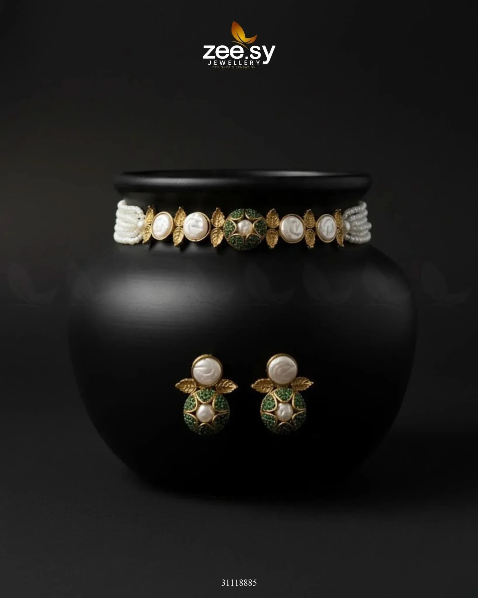 Crest Choker Necklace Set Green Necklace Sets - Zeesy Jewellery Pakistan | Premium Artificial & Imitation Jewellery