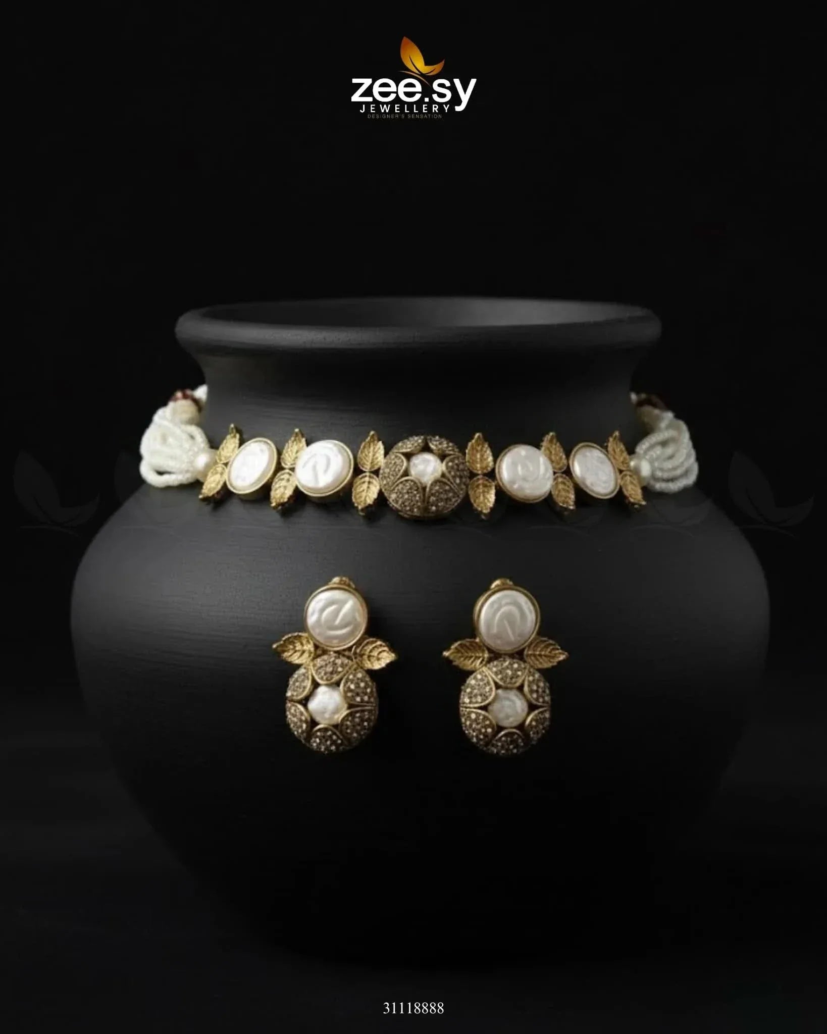 Crest Choker Necklace Set Champagne Necklace Sets - Zeesy Jewellery Pakistan | Premium Artificial & Imitation Jewellery