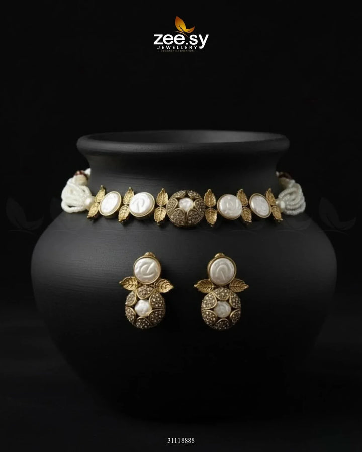 Crest Choker Necklace Set Champagne Necklace Sets - Zeesy Jewellery Pakistan | Premium Artificial & Imitation Jewellery