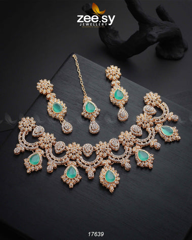 Galactic Necklace Golden Mint Green Necklace Sets - Zeesy Jewellery Pakistan | Premium Artificial & Imitation Jewellery
