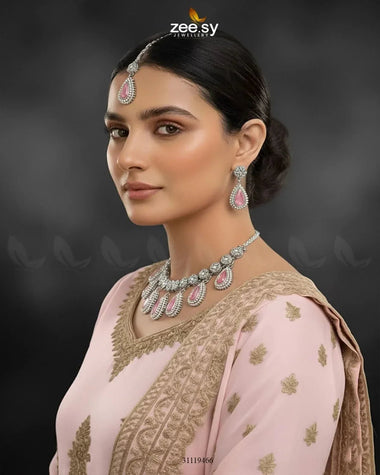 Hearth Necklace Set Silver Pink Necklace Sets - Zeesy Jewellery Pakistan | Premium Artificial & Imitation Jewellery