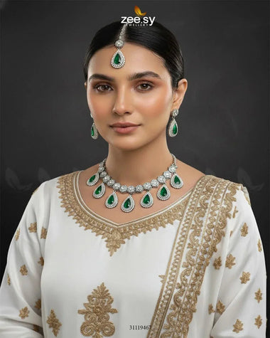 Hearth Necklace Set Silver Green Necklace Sets - Zeesy Jewellery Pakistan | Premium Artificial & Imitation Jewellery