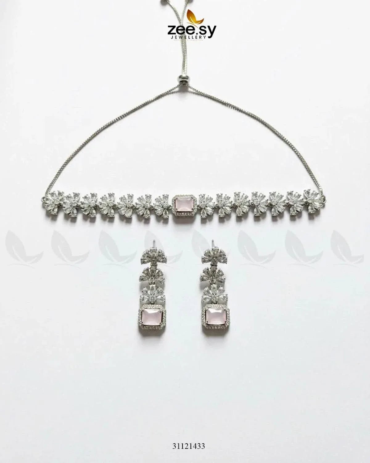 Intricate Square Cluster Necklace Set Silver Mint Pink Necklace Sets - Zeesy Jewellery Pakistan | Premium Artificial & Imitation Jewellery