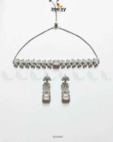 Intricate Square Cluster Necklace Set Silver Mint Pink Necklace Sets - Zeesy Jewellery Pakistan | Premium Artificial & Imitation Jewellery