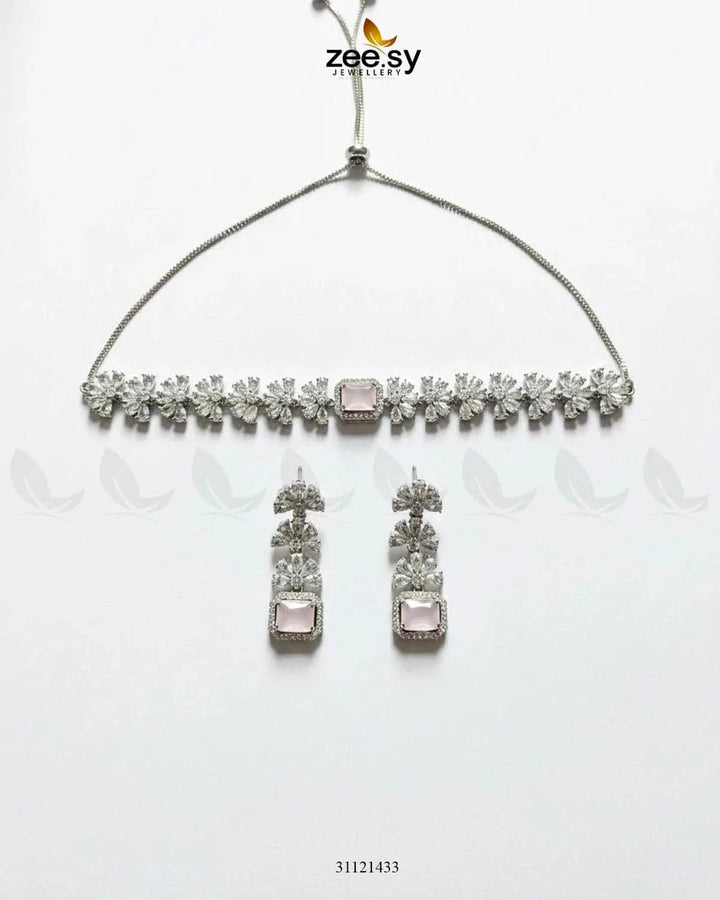 Intricate Square Cluster Necklace Set Silver Mint Pink Necklace Sets - Zeesy Jewellery Pakistan | Premium Artificial & Imitation Jewellery