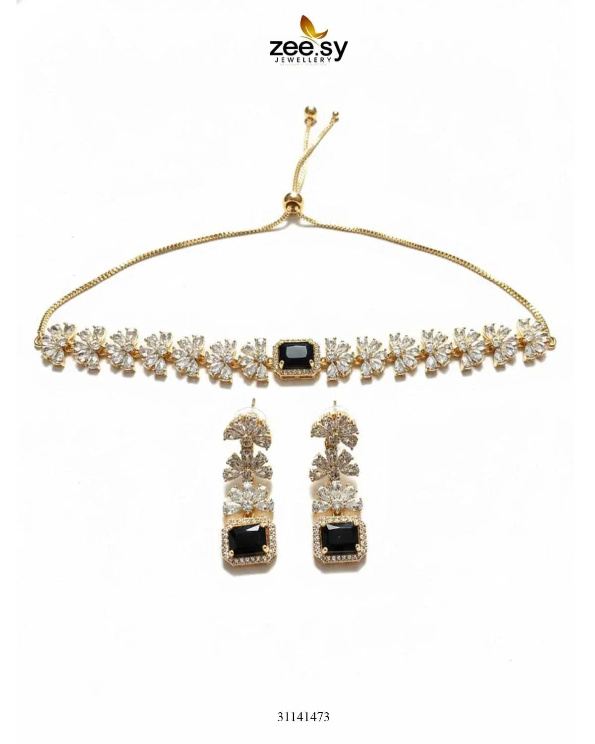 Intricate Square Cluster Necklace Set Silver Black Necklace Sets - Zeesy Jewellery Pakistan | Premium Artificial & Imitation Jewellery