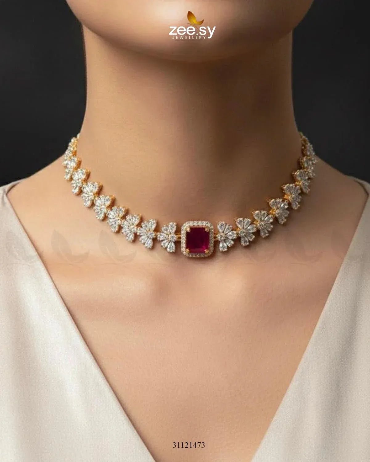 Intricate Square Cluster Necklace Set Golden Red Necklace Sets - Zeesy Jewellery Pakistan | Premium Artificial & Imitation Jewellery