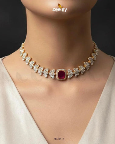 Intricate Square Cluster Necklace Set Golden Red Necklace Sets - Zeesy Jewellery Pakistan | Premium Artificial & Imitation Jewellery