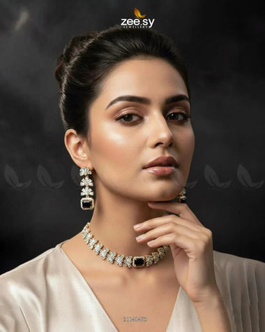 Intricate Square Cluster Necklace Set Golden Black Necklace Sets - Zeesy Jewellery Pakistan | Premium Artificial & Imitation Jewellery