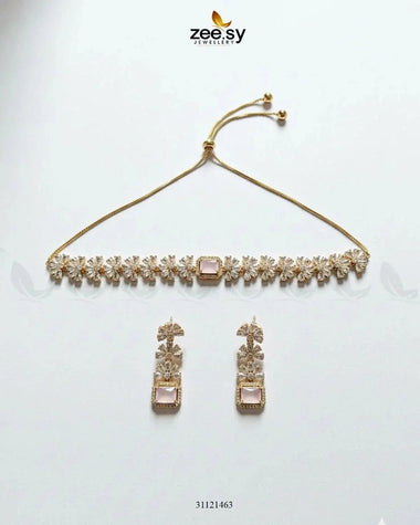 Intricate Square Cluster Necklace Set Golden Mint Pink Necklace Sets - Zeesy Jewellery Pakistan | Premium Artificial & Imitation Jewellery