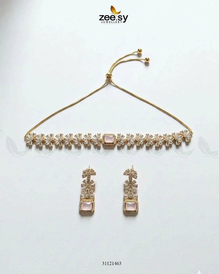 Intricate Square Cluster Necklace Set Golden Mint Pink Necklace Sets - Zeesy Jewellery Pakistan | Premium Artificial & Imitation Jewellery