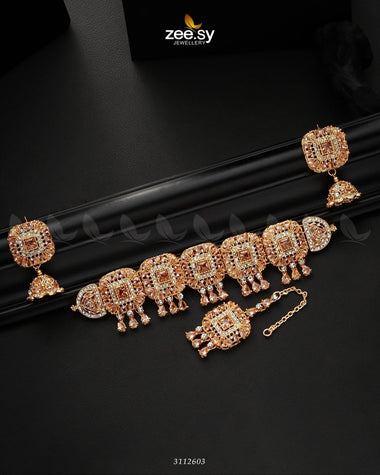 Kiran Necklace Set Golden Champagne Necklace Sets - Zeesy Jewellery Pakistan | Premium Artificial & Imitation Jewellery