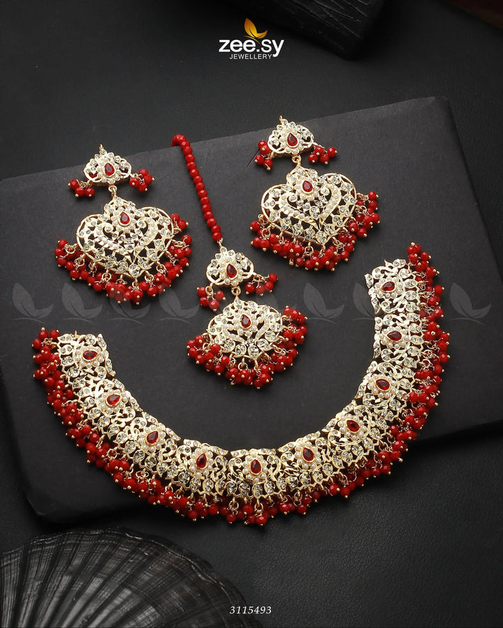 Maniha Necklace Set Golden Red Necklace Sets - Zeesy Jewellery Pakistan | Premium Artificial & Imitation Jewellery