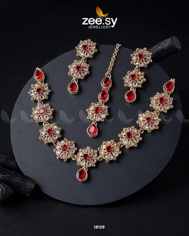 Narcissus Necklace Set Golden Red Necklace Sets - Zeesy Jewellery Pakistan | Premium Artificial & Imitation Jewellery
