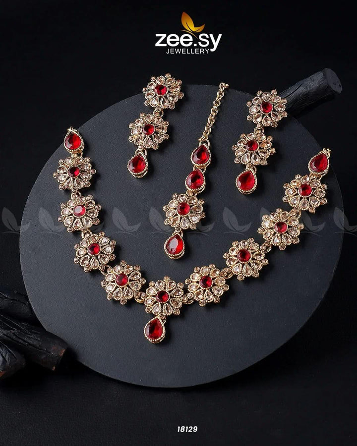 Narcissus Necklace Set Golden Red Necklace Sets - Zeesy Jewellery Pakistan | Premium Artificial & Imitation Jewellery