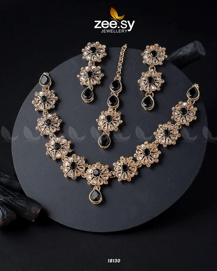 Narcissus Necklace Set Golden Black Necklace Sets - Zeesy Jewellery Pakistan | Premium Artificial & Imitation Jewellery