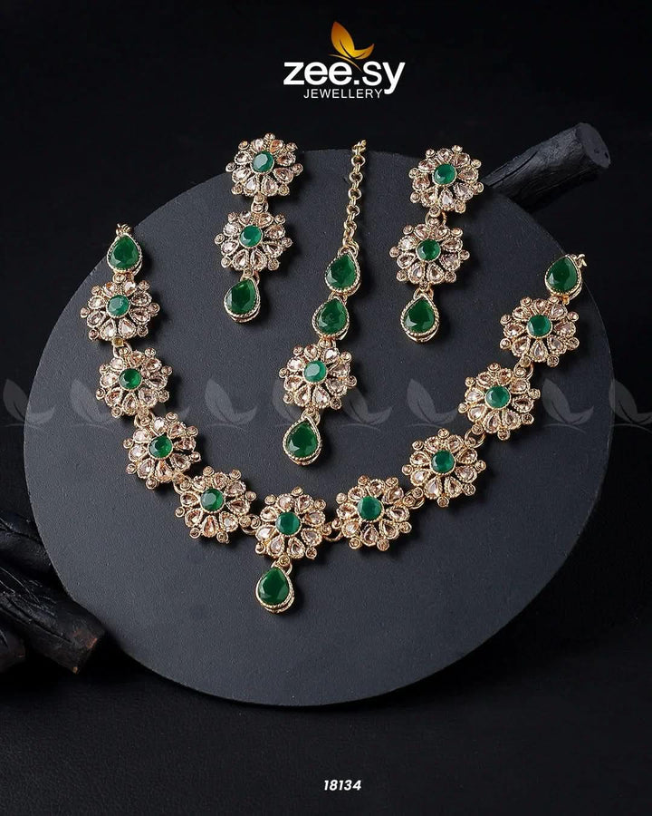 Narcissus Necklace Set Golden Green Necklace Sets - Zeesy Jewellery Pakistan | Premium Artificial & Imitation Jewellery