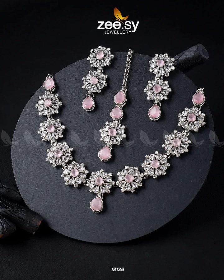 Narcissus Necklace Set Silver Mint Pink Necklace Sets - Zeesy Jewellery Pakistan | Premium Artificial & Imitation Jewellery
