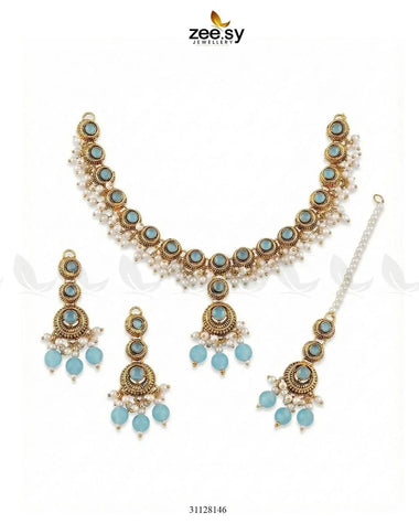 Royal Guldasta Beads Necklace Set Golden Feroza Necklace Sets - Zeesy Jewellery Pakistan | Premium Artificial & Imitation Jewellery