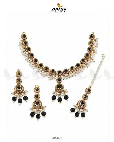 Royal Guldasta Beads Necklace Set Golden Black Necklace Sets - Zeesy Jewellery Pakistan | Premium Artificial & Imitation Jewellery