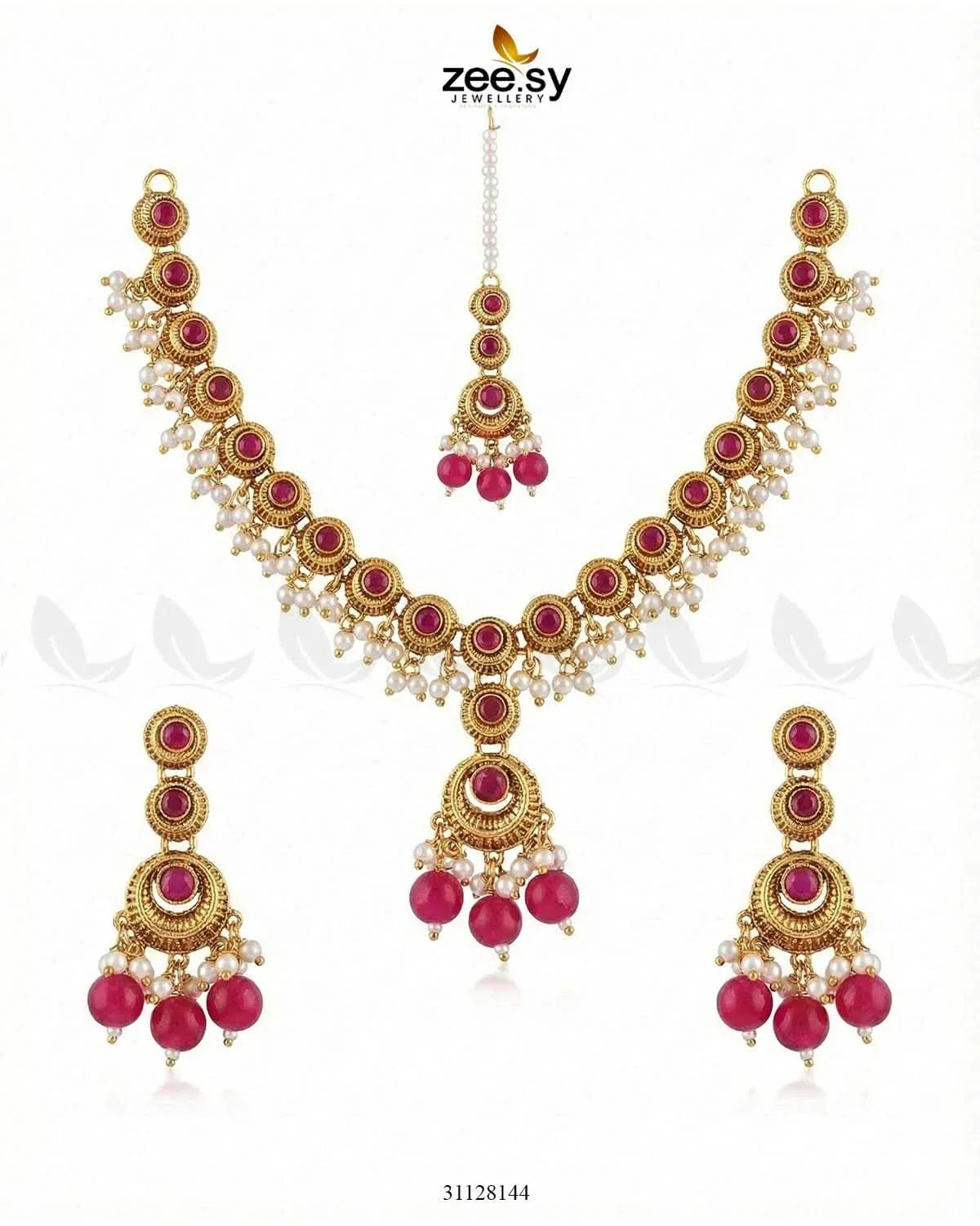 Royal Guldasta Beads Necklace Set Golden Ruby Necklace Sets - Zeesy Jewellery Pakistan | Premium Artificial & Imitation Jewellery